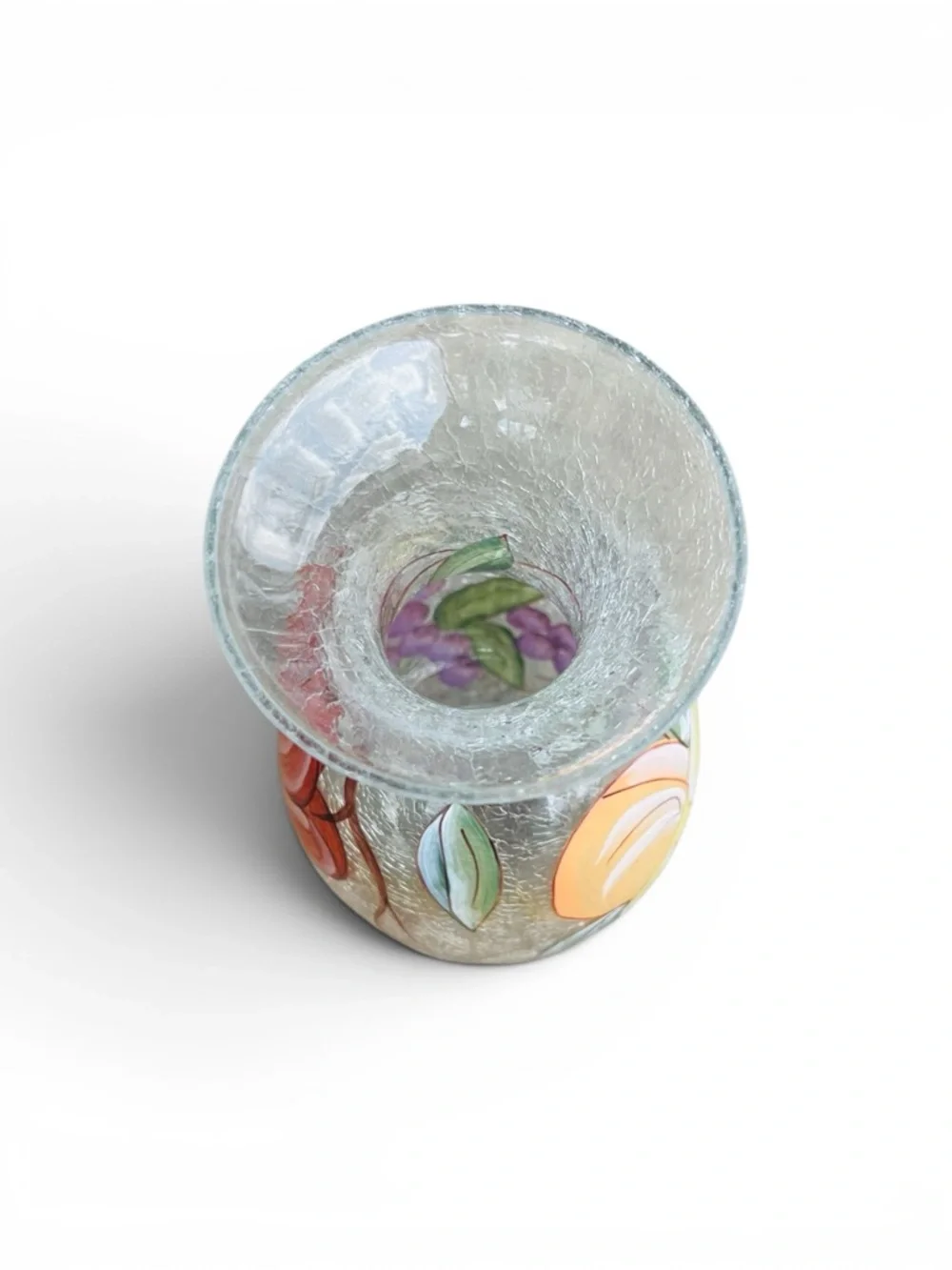 American Atelier Fifth Avenue Crystal Ltd Handpainted Fruit Crackle Glass Vase